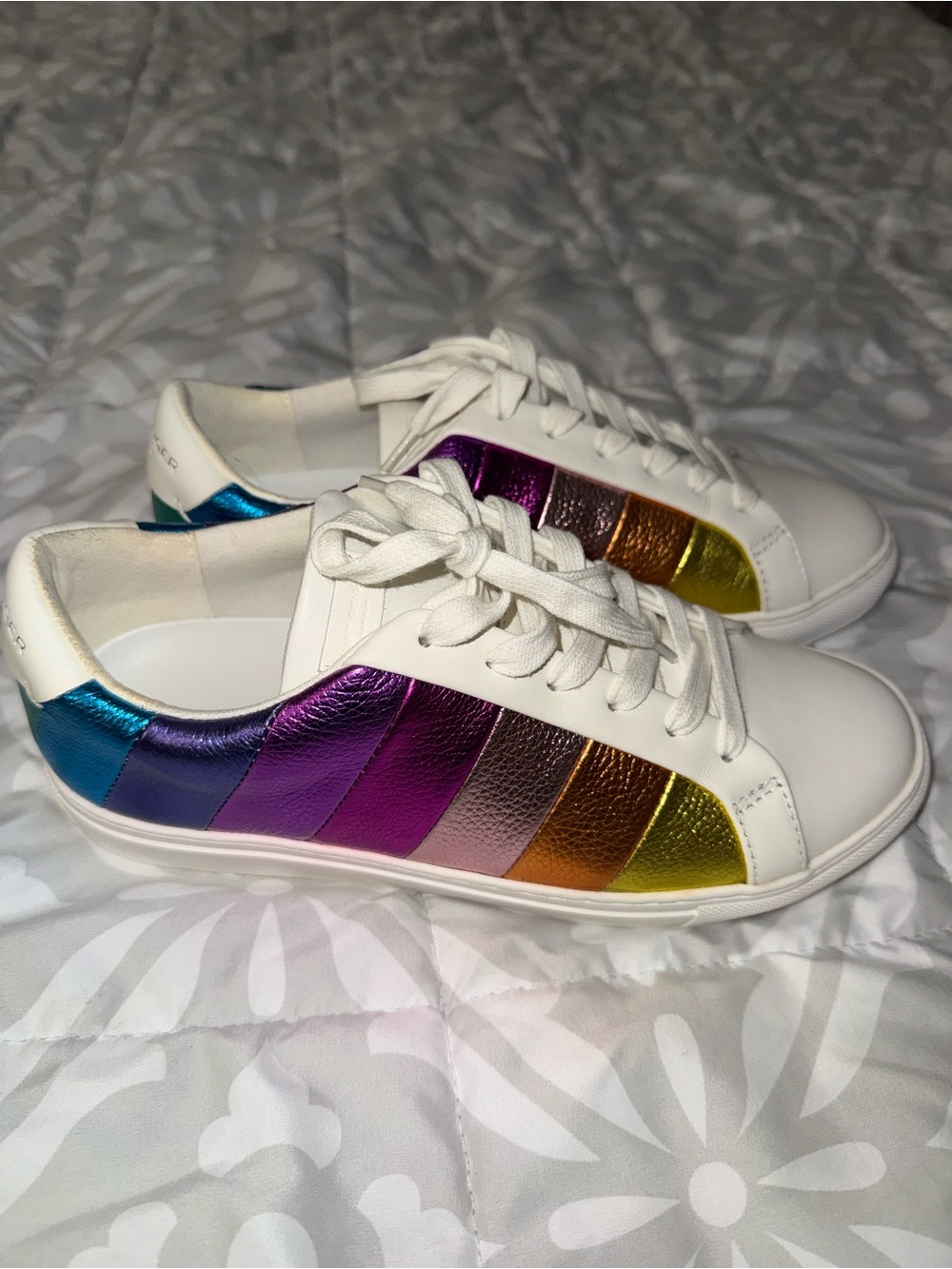 Kurt Geiger White Leather Sneakers with Iridescent Rainbow Stripes